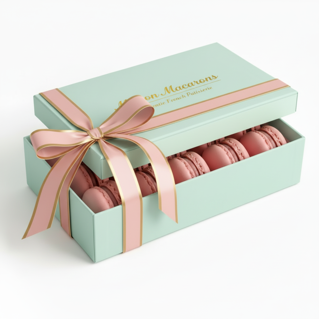 15-Piece Rose Lychee Macaron Box with deep gold text